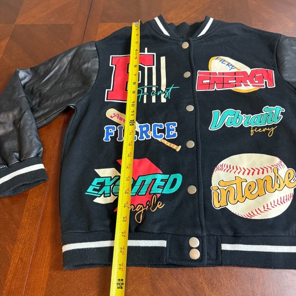 Black Varsity Letterman Jacket Faux Leather Sleeves Graphic Patch Small - Picture 4 of 10